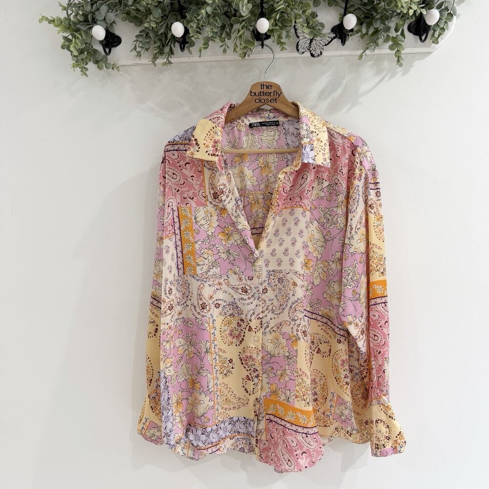 Zara Satin Patchwork Bohemian Button Down Blouse XXL KD